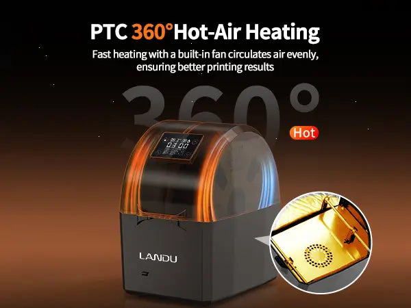 LANDU 3D printer filament dryer displaying PTC 360 degree hot air heating with a built-in fan for fast and even air circulation.