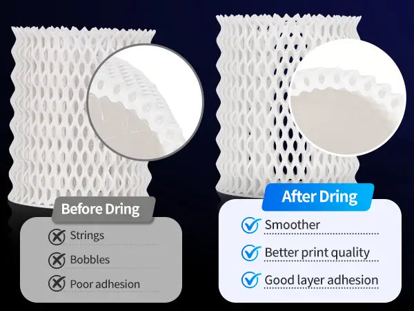 Comparison of a 3D printed white cylinder showing stringing before drying versus a smooth high quality print after using the LANDU filament dryer.