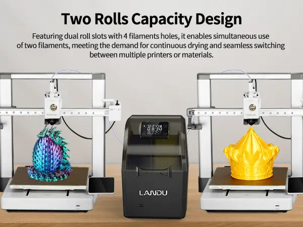 LANDU dual capacity filament dryer box feeding two 3D printers simultaneously to demonstrate seamless switching and continuous drying.