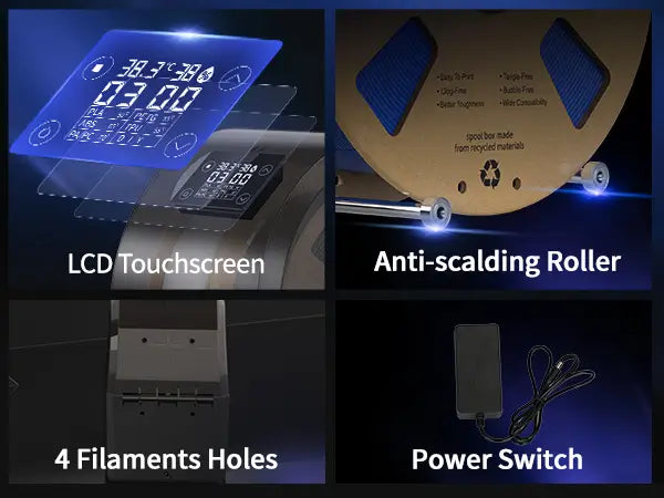 Detailed hardware features of the LANDU filament dryer including an LCD touchscreen, anti-scalding rollers, four filament holes, and a power switch.