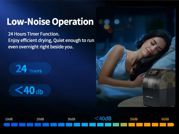 LANDU filament dryer operating quietly at under 40 decibels next to a sleeping woman to highlight its low-noise 24-hour timer function.