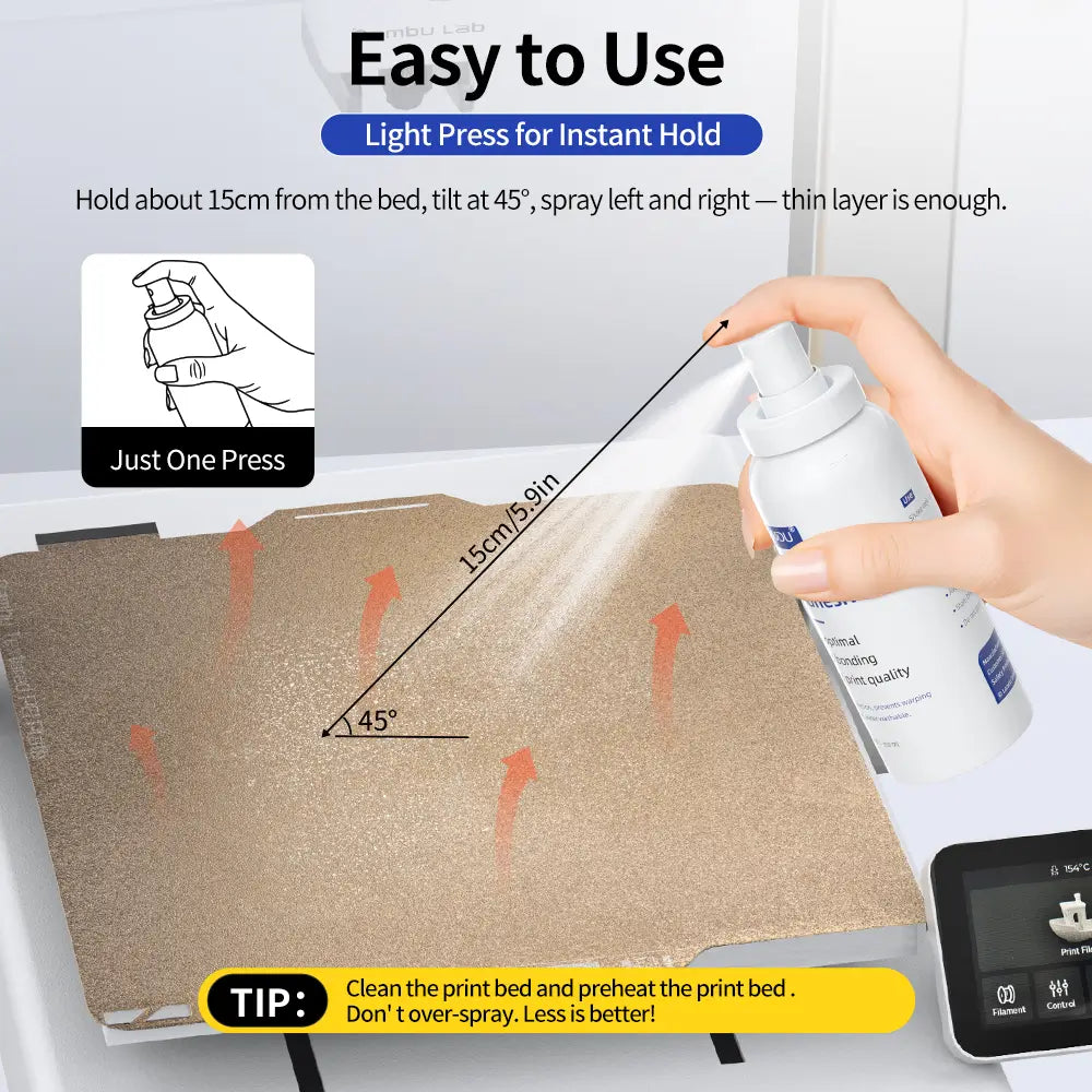 Demonstration of applying LANDU 3D printing adhesive spray. Hold 15cm from the heated bed at a 45-degree angle for an instant thin layer.