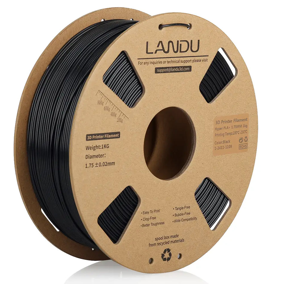 LANDU Black Hyper PLA Plus 3D printer filament 1kg spool featuring neat winding and clog-free extrusion.