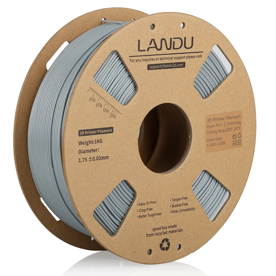 LANDU Gray Hyper PLA Plus 3D printer filament 1kg cardboard spool offering high toughness and wide compatibility.