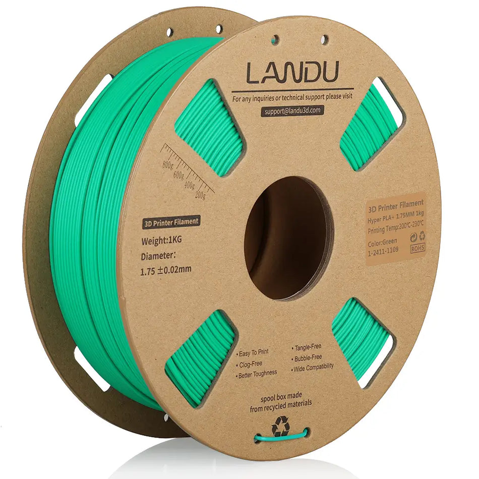 LANDU Green Hyper PLA Plus 3D printer filament 1kg spool showcasing vibrant color and precise dimensional accuracy.
