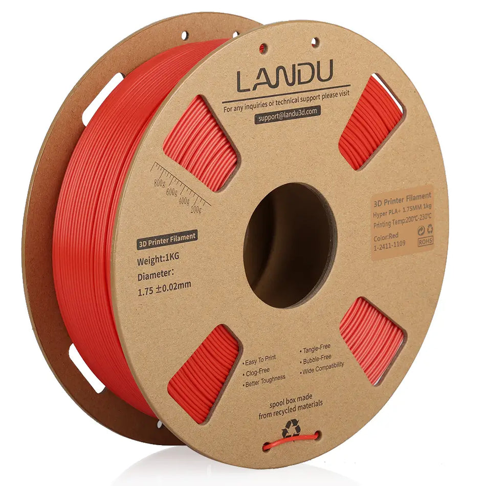 LANDU Red Hyper PLA Plus 3D printer filament 1kg spool engineered for flawless and rapid 3D printing results.