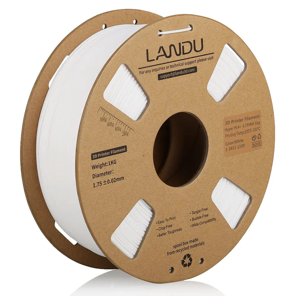 LANDU White Hyper PLA Plus 3D printer filament 1kg spool ensuring bubble-free and tangle-free high-speed extrusion.