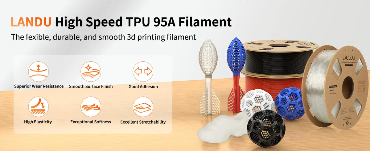 LANDU High Speed TPU 95A 3D printer filament spools in multiple colors displayed with flexible printed models like a shoe and sports balls.