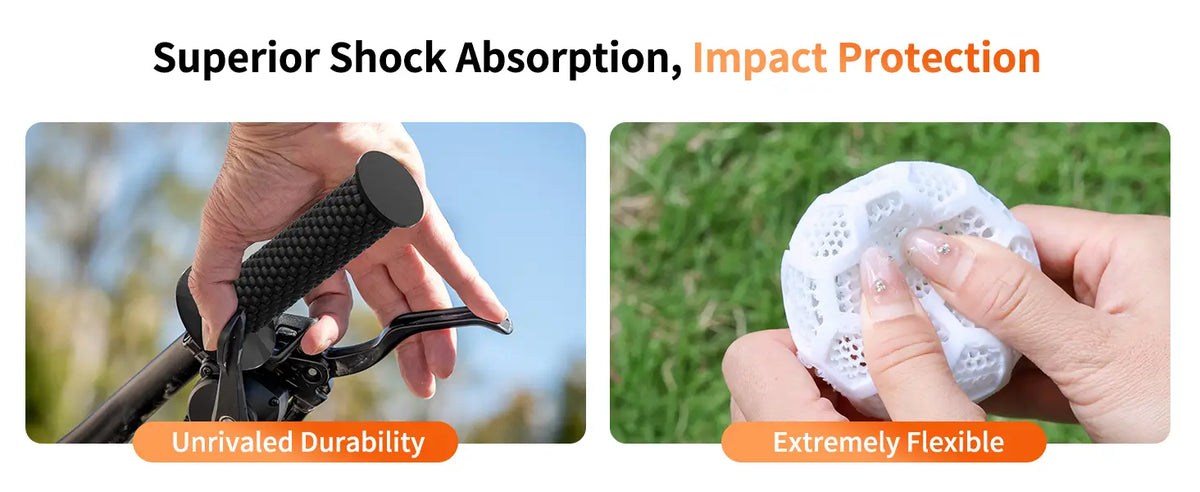Hands demonstrating the superior shock absorption and extreme flexibility of LANDU TPU filament by squeezing a printed ball and gripping a bicycle handle.