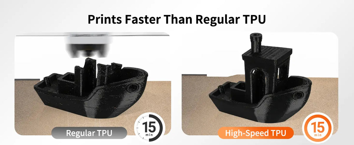 Comparison showing a high quality 3D printed Benchy boat made with LANDU High Speed TPU filament printing significantly faster than regular TPU.