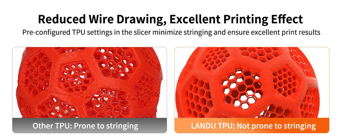 Close up comparison showing LANDU TPU filament producing a clean string-free 3D printed red hex ball compared to the messy stringing of other brands.