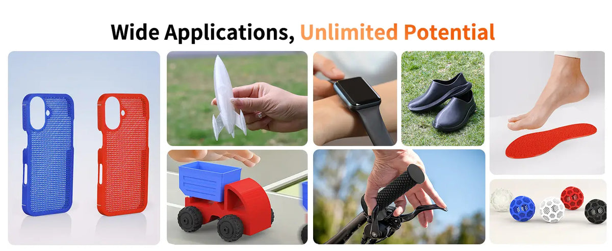Wide real world applications of LANDU TPU 95A filament including 3D printed phone cases shoe insoles watch bands and bicycle grips.