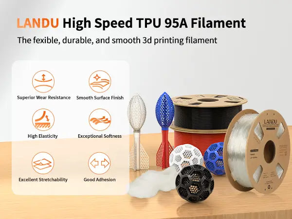 LANDU High Speed TPU 95A 3D printer filament spools in multiple colors displayed with flexible printed models like a shoe and sports balls.