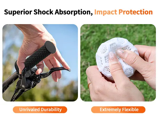 Hands demonstrating the superior shock absorption and extreme flexibility of LANDU TPU filament by squeezing a printed ball and gripping a bicycle handle.