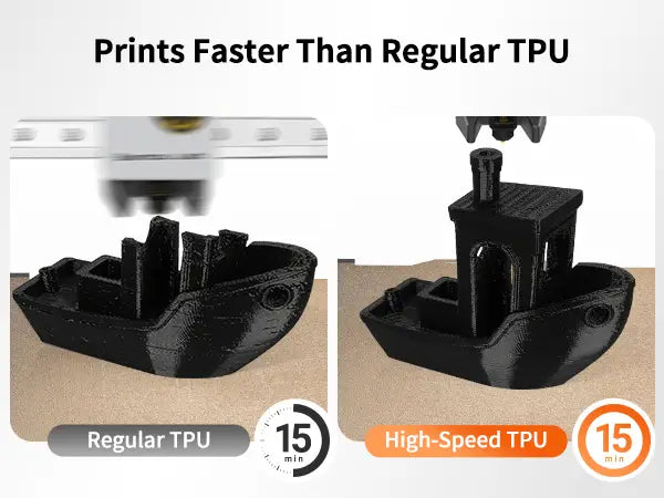 Comparison showing a high quality 3D printed Benchy boat made with LANDU High Speed TPU filament printing significantly faster than regular TPU.