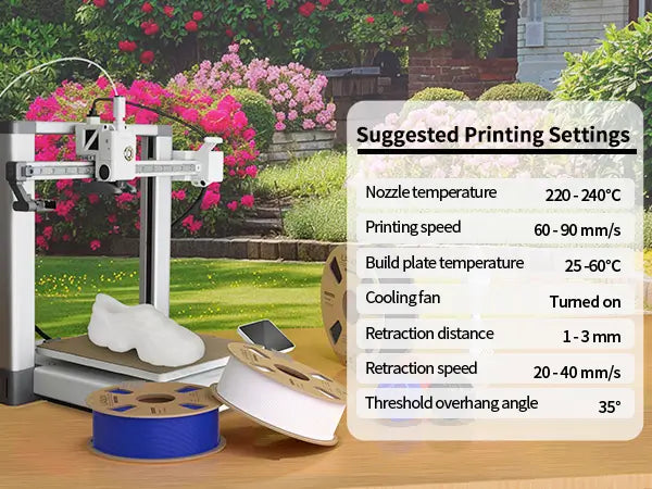 Suggested printing settings for LANDU High Speed TPU filament highlighting a fast printing speed of 60 to 90 millimeters per second for perfect flexible prints.