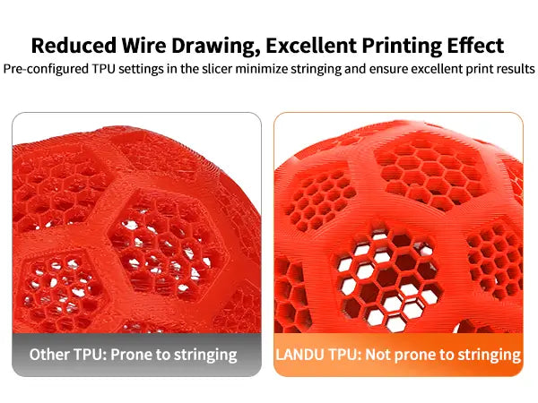 Close up comparison showing LANDU TPU filament producing a clean string-free 3D printed red hex ball compared to the messy stringing of other brands.