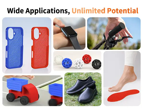 Wide real world applications of LANDU TPU 95A filament including 3D printed phone cases shoe insoles watch bands and bicycle grips.