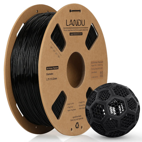 LANDU Hyper TPU 95A Black flexible 3D printer filament 1kg spool paired with a 3D printed honeycomb stress ball.