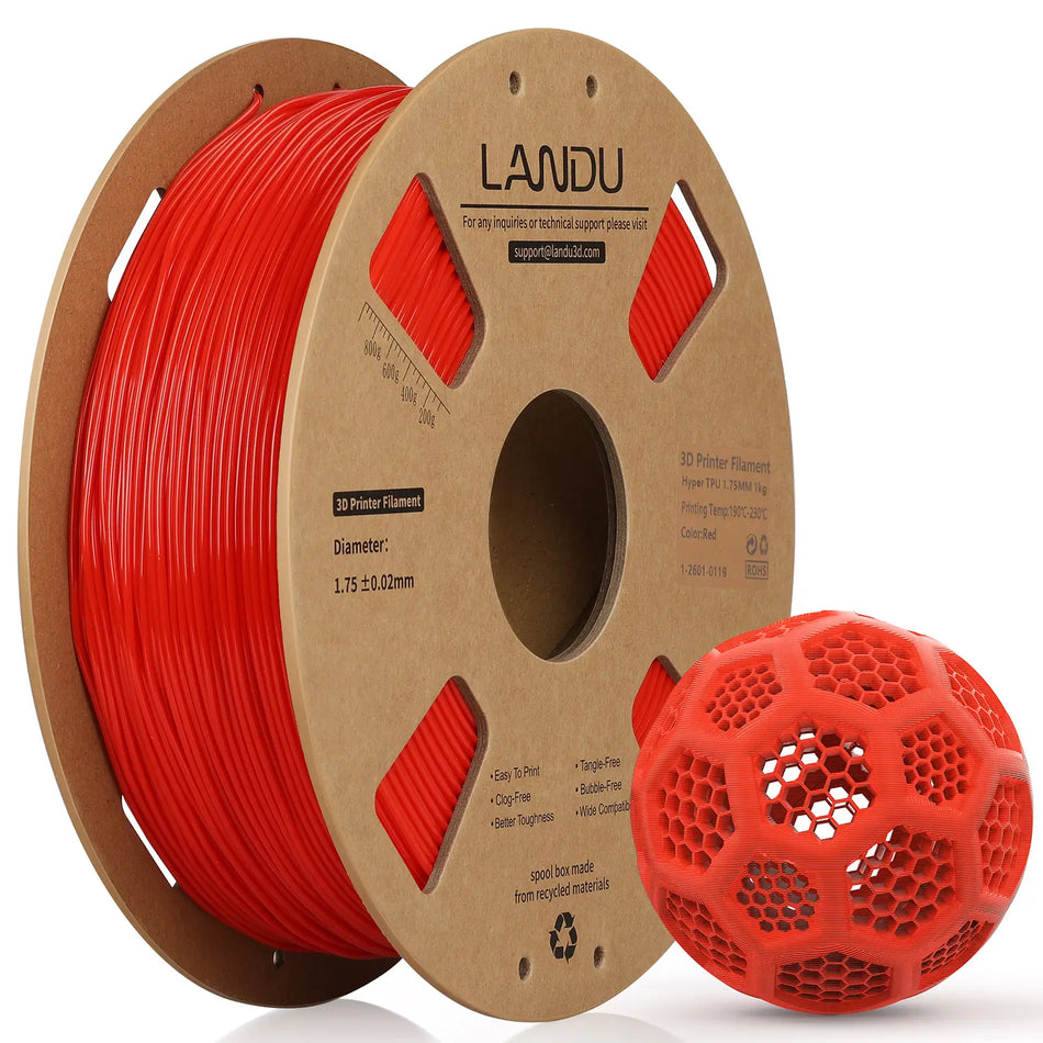 LANDU Red Hyper TPU 95A flexible 3D printer filament 1kg spool paired with a 3D printed red honeycomb ball.