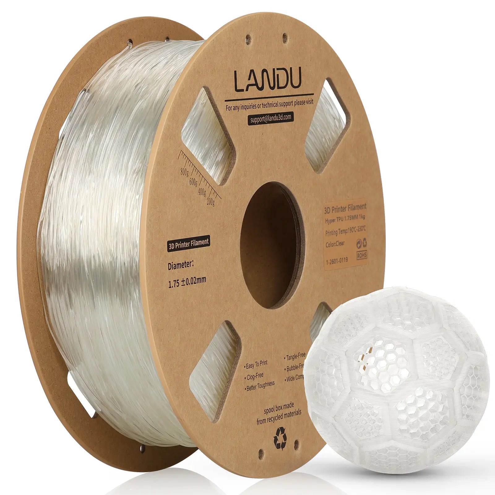 LANDU Transparent Hyper TPU 95A flexible 3D printer filament 1kg spool showcasing high clarity and flexibility.