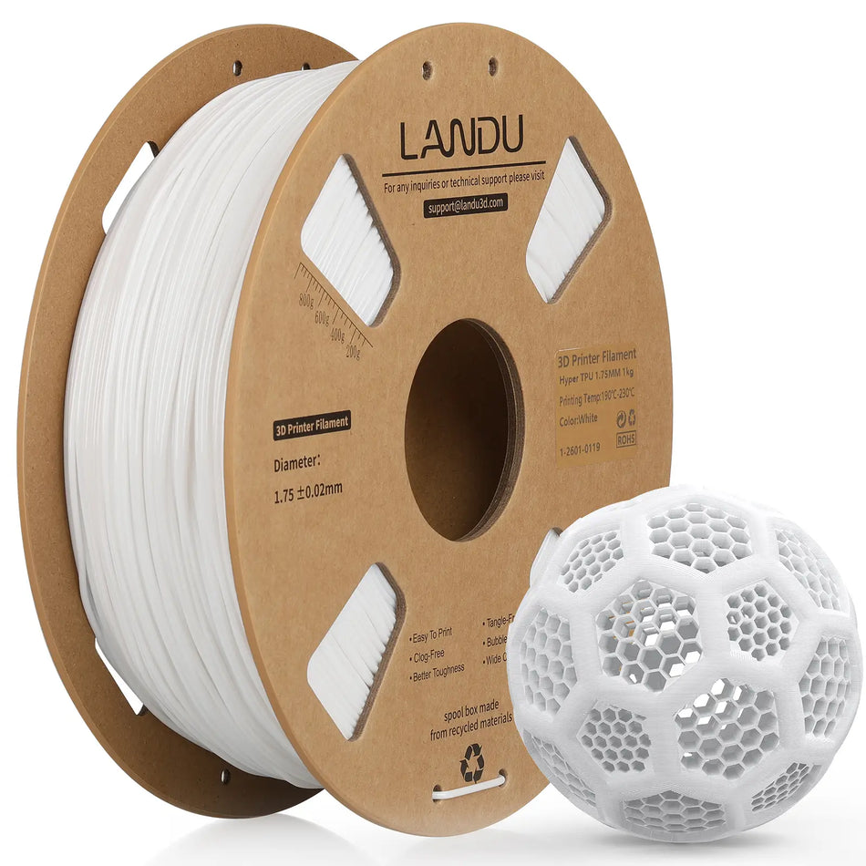 LANDU White Hyper TPU 95A flexible 3D printer filament 1kg spool displayed with a clean 3D printed honeycomb ball.