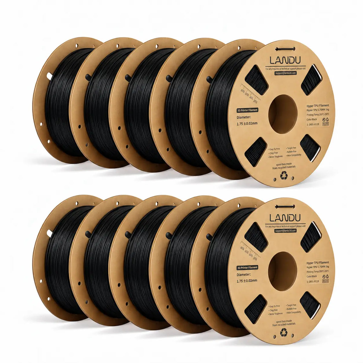LANDU Hyper TPU 95A Black flexible 3D printer filament 10kg spool paired with a 3D printed honeycomb stress ball.