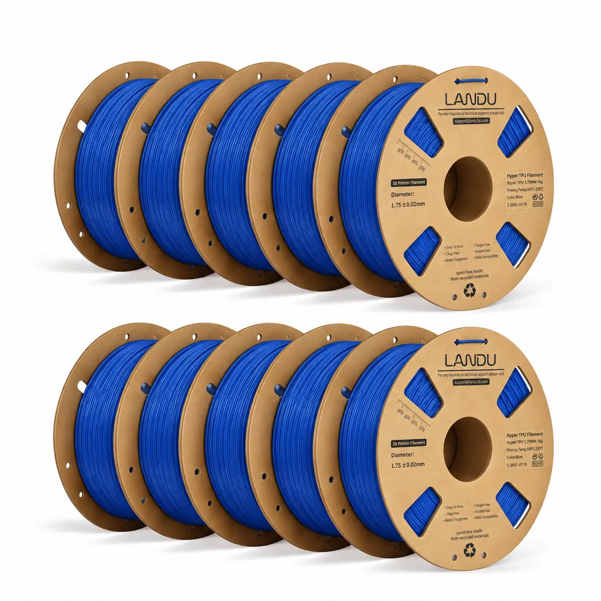 LANDU Hyper TPU 95A Blue flexible 3D printer filament 10kg spool displayed with a matching 3D printed honeycomb ball.