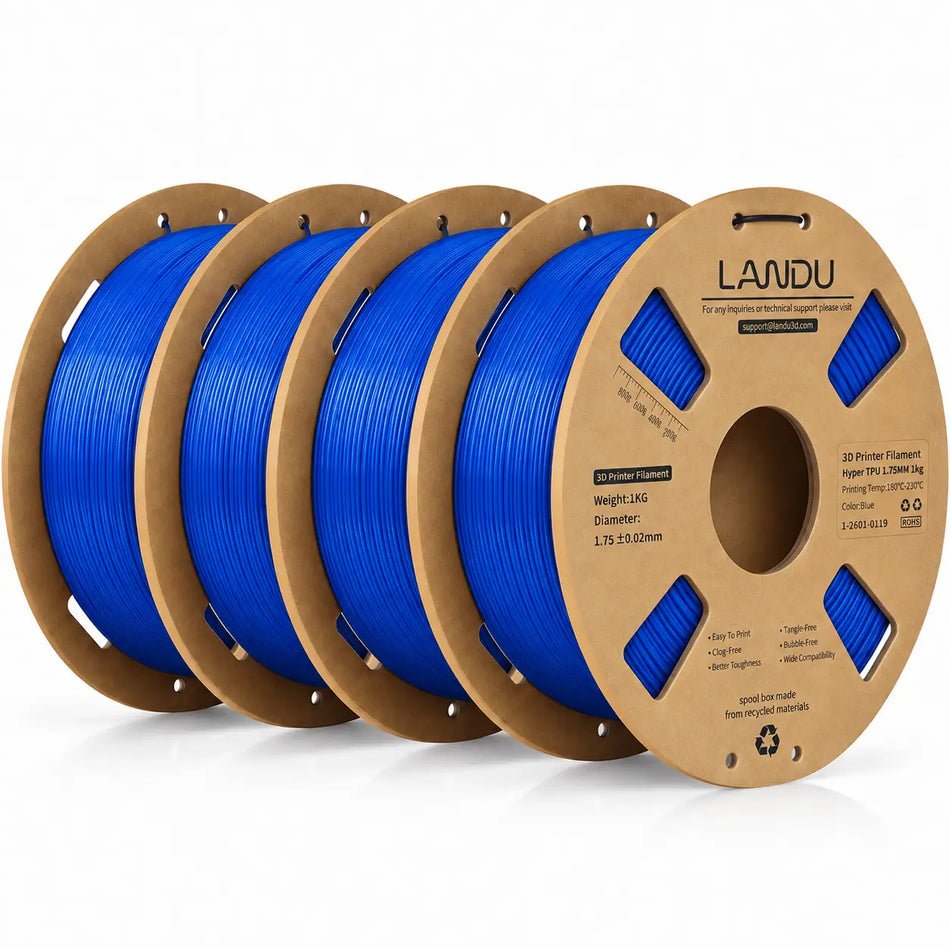 LANDU Hyper TPU 95A Blue flexible 3D printer filament 4kg spool displayed with a matching 3D printed honeycomb ball.