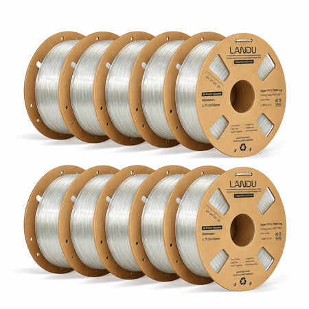 LANDU Transparent Hyper TPU 95A flexible 3D printer filament 10kg spool showcasing high clarity and flexibility.