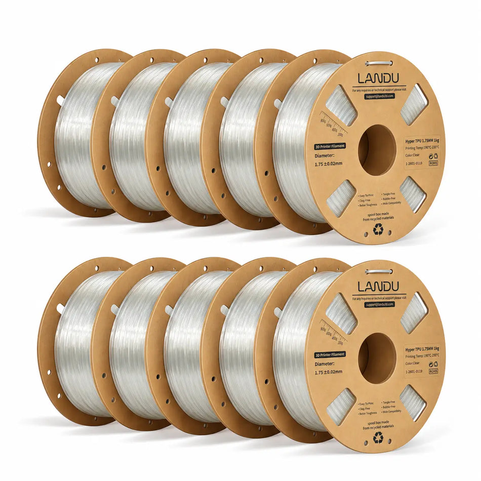 LANDU Transparent Hyper TPU 95A flexible 3D printer filament 10kg spool showcasing high clarity and flexibility.