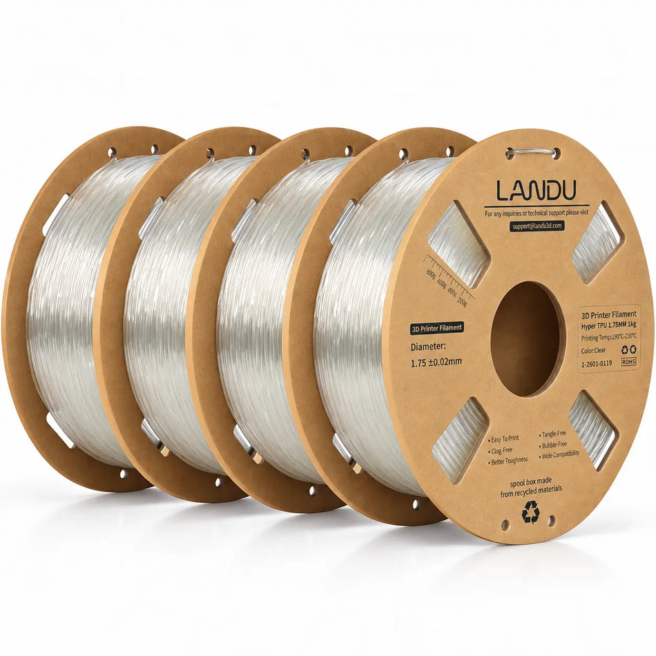 LANDU Transparent Hyper TPU 95A flexible 3D printer filament 4kg spool showcasing high clarity and flexibility.