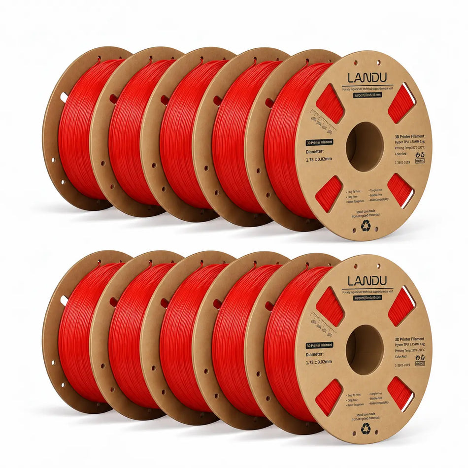 LANDU Red Hyper TPU 95A flexible 3D printer filament 10kg spool paired with a 3D printed red honeycomb ball.