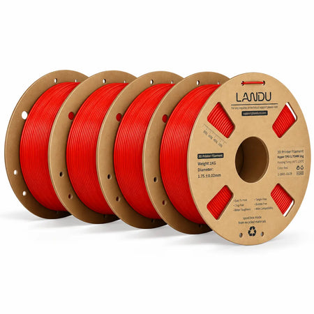 LANDU Red Hyper TPU 95A flexible 3D printer filament 4kg spool paired with a 3D printed red honeycomb ball.