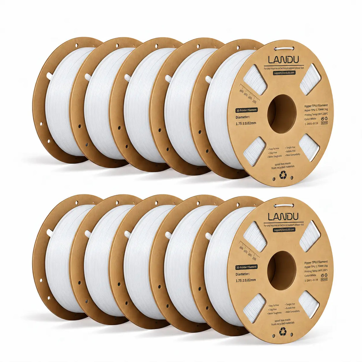 LANDU White Hyper TPU 95A flexible 3D printer filament 10kg spool displayed with a clean 3D printed honeycomb ball.