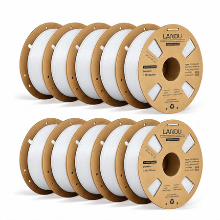 LANDU White Hyper TPU 95A flexible 3D printer filament 10kg spool displayed with a clean 3D printed honeycomb ball.