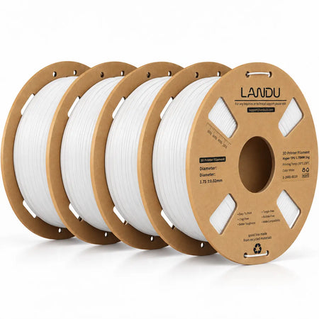 LANDU White Hyper TPU 95A flexible 3D printer filament 4kg spool displayed with a clean 3D printed honeycomb ball.