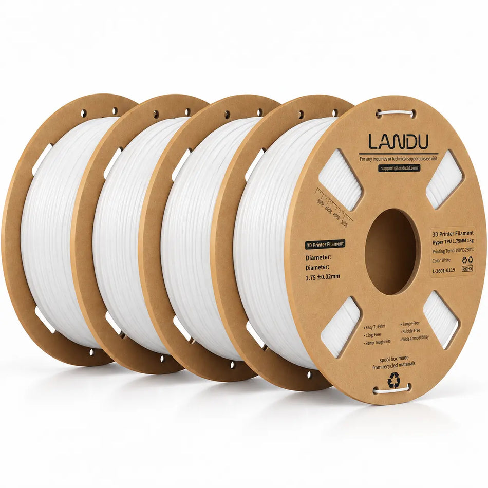 LANDU White Hyper TPU 95A flexible 3D printer filament 4kg spool displayed with a clean 3D printed honeycomb ball.