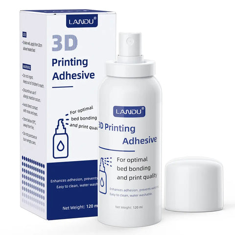 LANDU 120ml 3D printer bed adhesion spray bottle and packaging box, designed to prevent print warping and enhance bed bonding.