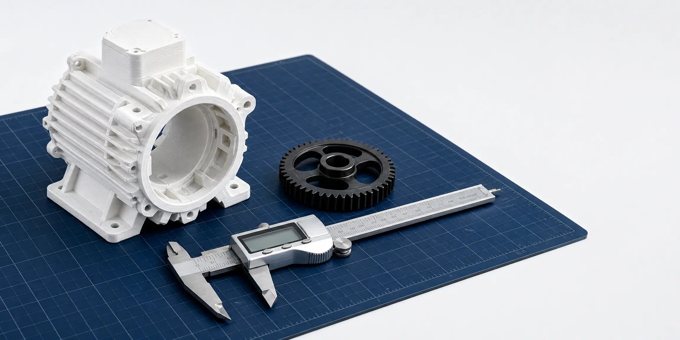 3D printed motor housing prototype and black gear next to a digital caliper on a cutting mat, demonstrating the high precision of LANDU engineering filaments.