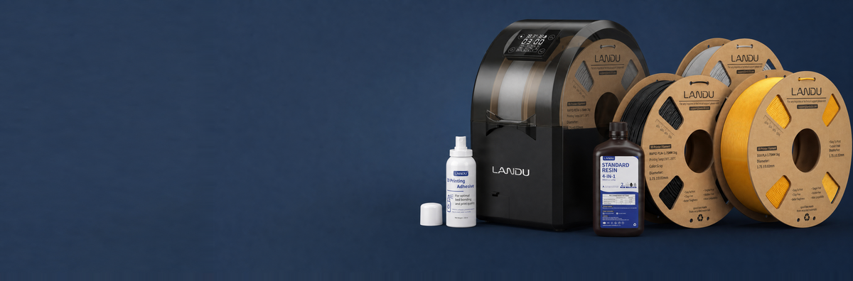 LANDU complete 3D printing ecosystem featuring eco-friendly cardboard filament spools, a digital filament dryer box, standard photopolymer resin, and bed adhesion spray.