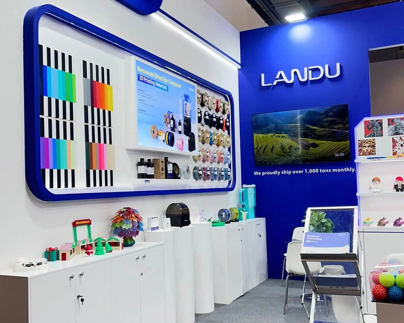 Front view of the LANDU 3D filament booth at the Formnext 2025 trade show in Frankfurt.