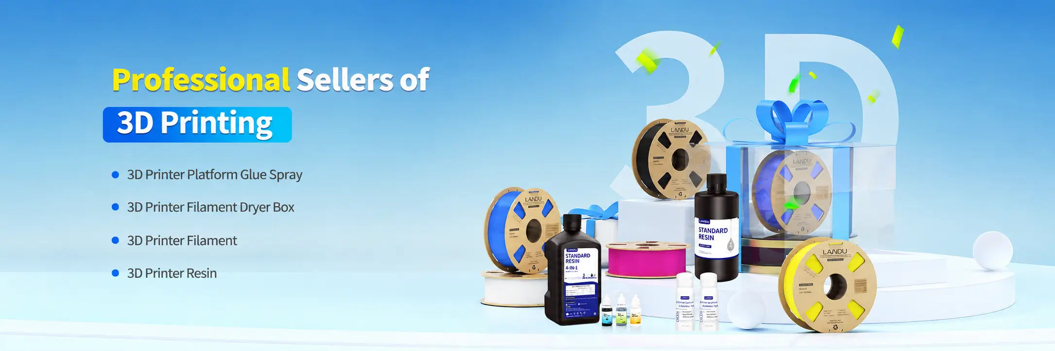 LANDU PLA, PETG, ABS and TPU filament products displayed on homepage banner