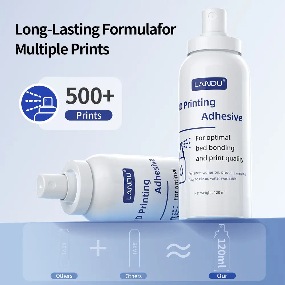 LANDU 120ml long-lasting 3D printer bed adhesion spray bottle, providing enough liquid formula for over 500 prints.