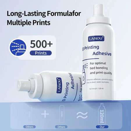 LANDU 120ml long-lasting 3D printer bed adhesion spray bottle, providing enough liquid formula for over 500 prints.