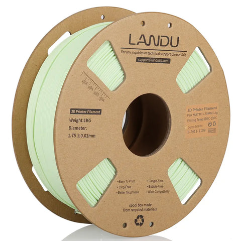 LANDU Matte Green PLA 3D printer filament 1kg spool offering a soft pastel aesthetic on an eco-friendly cardboard roll.