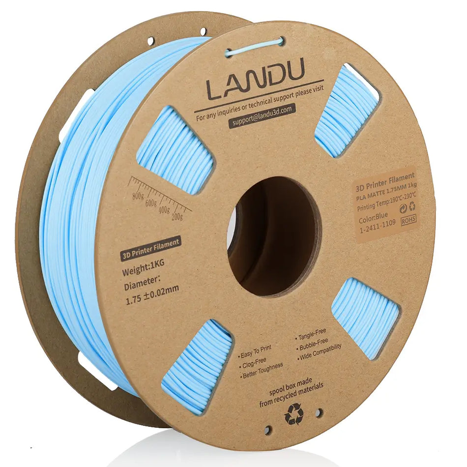 LANDU Matte Blue PLA 3D printer filament 1kg spool ideal for smooth and non-glossy 3D printing projects.