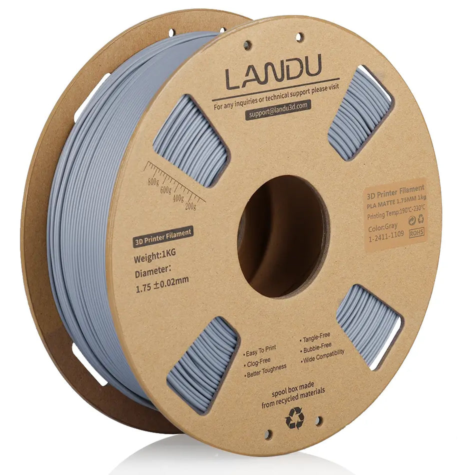 LANDU Matte Gray PLA 3D printer filament 1kg spool perfect for architectural modeling and prototype design.