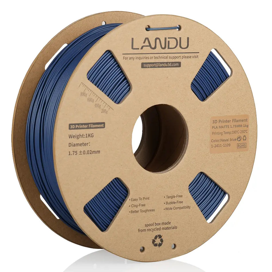 LANDU Matte Naval Blue PLA 3D printer filament 1kg spool showcasing a deep and elegant non-reflective color.