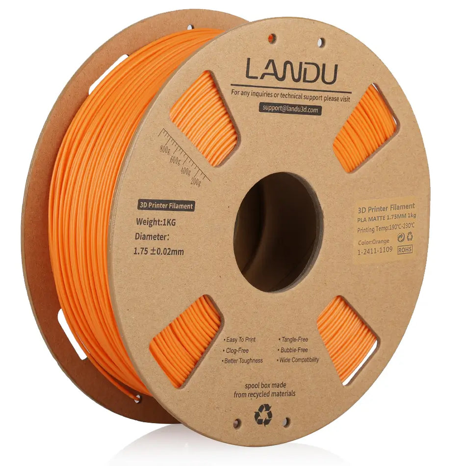 LANDU Matte Orange PLA 3D printer filament 1kg spool providing a vibrant yet smooth matte surface finish.